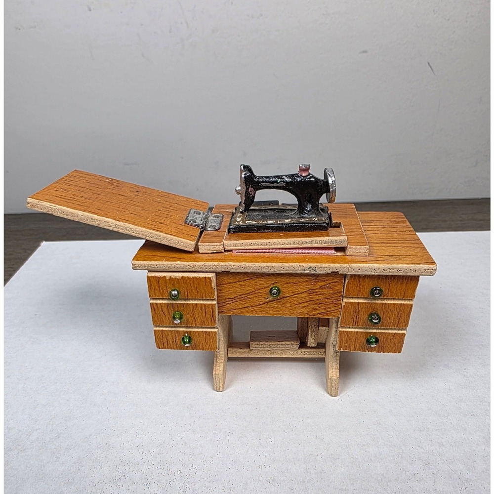 Miniature Wooden Sewing Machine Cabinet Dollhouse Furniture Vintage Style Decor